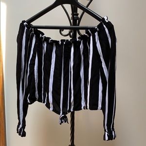 Off the shoulder black and white striped crop